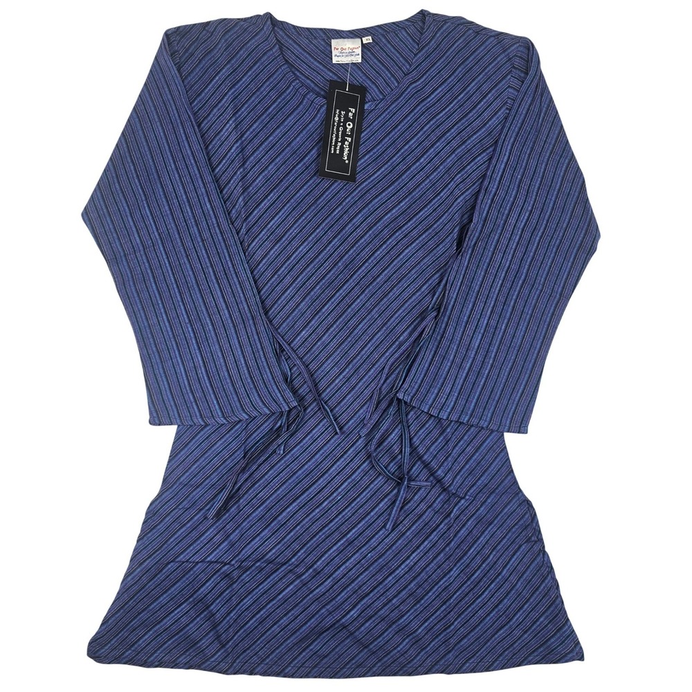 Far Out Fashion Blue Striped Tunic Top Medium 3/4 Sleeve Boho Side Tie NWT
